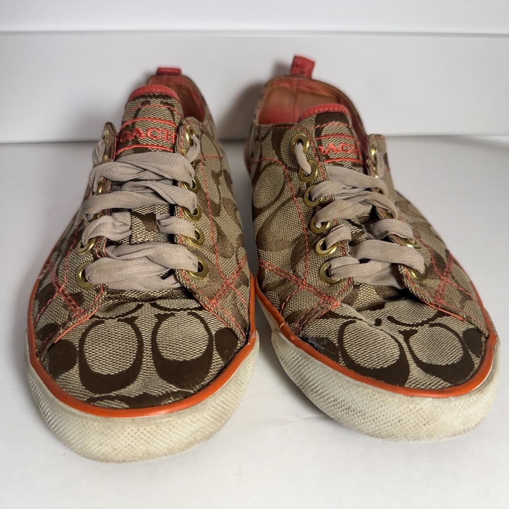 Coach Canvas Shoes Suzzy Sz 8 B Signature Logo Brown Lace Up Low Top Flats Women